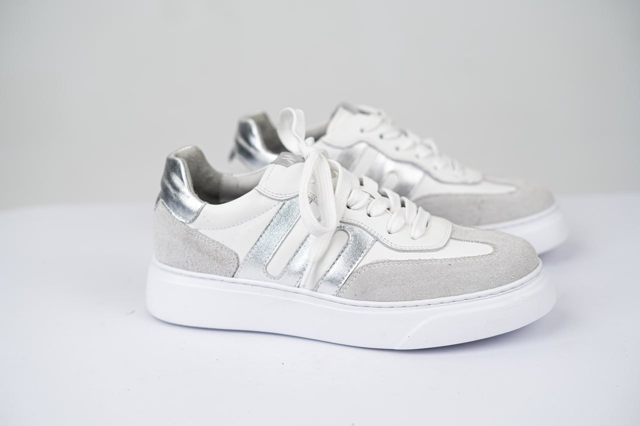 White & Silver Sneakers in Genuine Leather 3 White & Silver Sneakers in Genuine Leather – Image 3